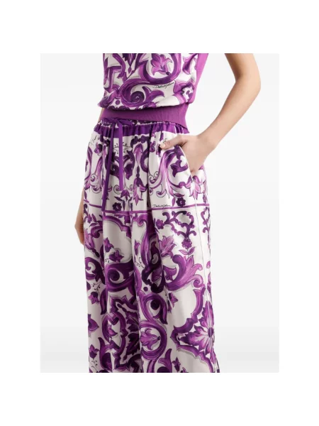 Jedwabne spodnie Dolce And Gabbana z nadrukiem fioletowe