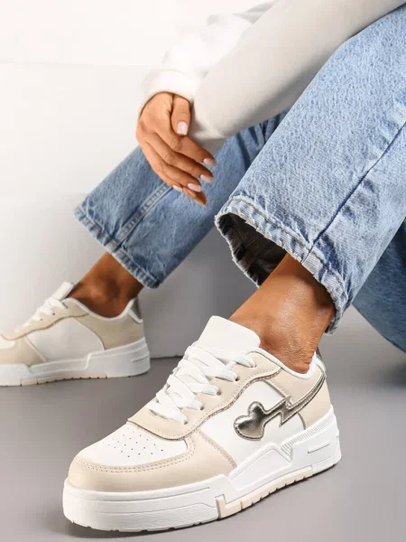 Sneakers cu șireturi pe talpă groasă cu decorațiuni cu sclipici Anaieli bej