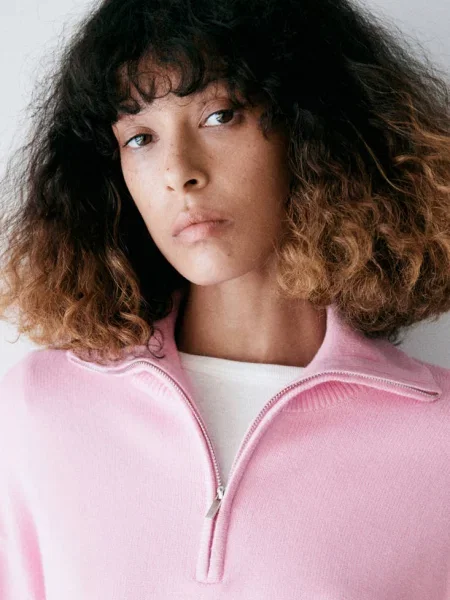 Sweter w paski z półgolfem Kobieta XS MANGO jasnoróżowy