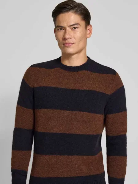 Sweter z dzianiny z dodatkiem lnu model ‘ALPINE’ Forét granatowy