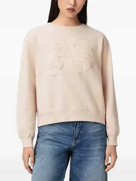Hanorac crewneck Allsaints cu decolteu în U cu autograf roz
