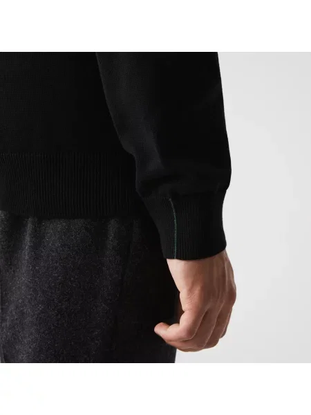 Lacoste Sweter Z Dekoltem W Serek Z Organicznej Bawełny czarny