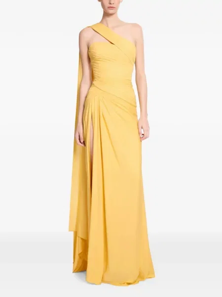 Rochie maxi Elie Saab de mătase drapată cu un umăr gol galben