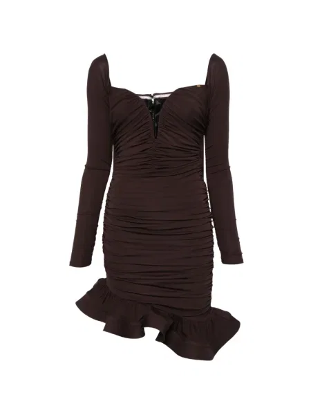 Rochie maxi Elisabetta Franchi cu volane lungă de costum maro