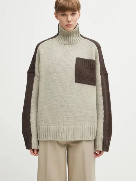 JW Anderson pulover din amestec de lână Two Tone Patch Pocket călduros cu guler bej