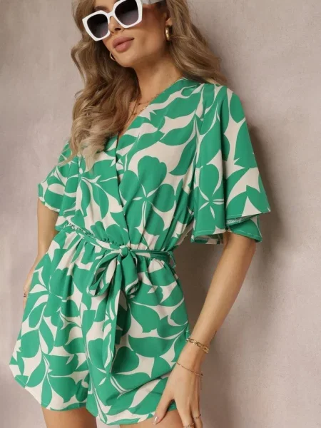 Salopeta Scurtă cu Imprimeu Floral Decolteu Tip Petrecere și Cordon în Talie Amemori verde