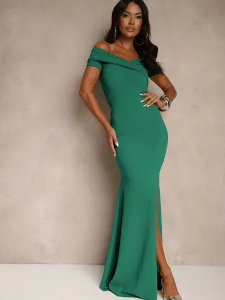 Sukienka Koktajlowa Typu Hiszpanka z Rozcięciem na Nogę Hallomea zielona