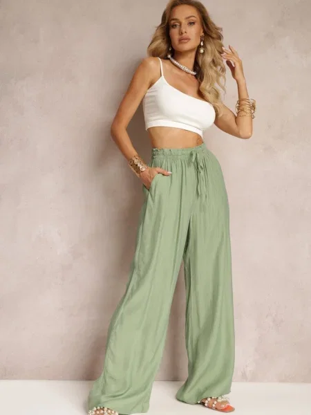 Pantaloni largi din cu în talie Abyga verzi