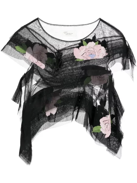 Tricou Caroline Hu cu model floral din tul negru