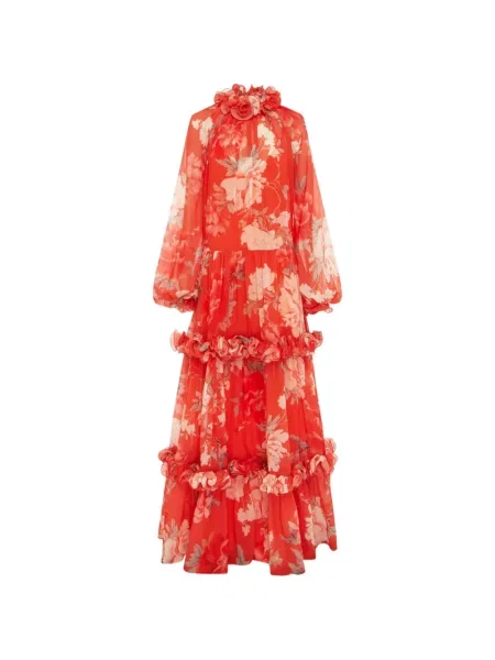 Rochie maxi Leo Lin cu model floral cu volane de costum portocaliu