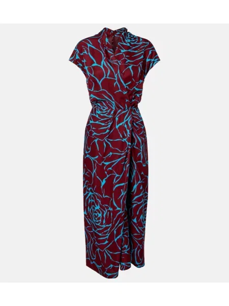 Satynowa sukienka midi Dries Van Noten z nadrukiem do kolan bordowa