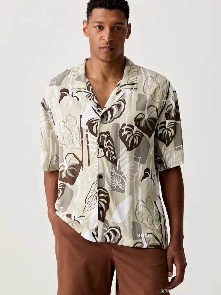 HUGO cămașă de plajă pentru bărbați BEACH SHIRT RELAXED bej