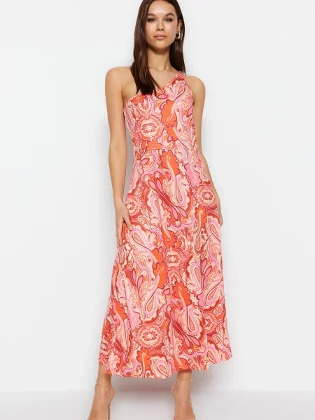 Rochie midi Trendyol tricotate cu imagine cu gât halter roz