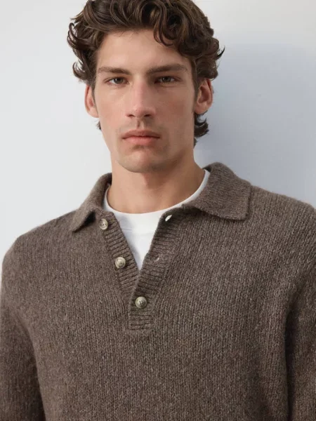 Sweter polo z dzianiny z mieszanki wełny khaki Mężczyzna S MANGO MAN
