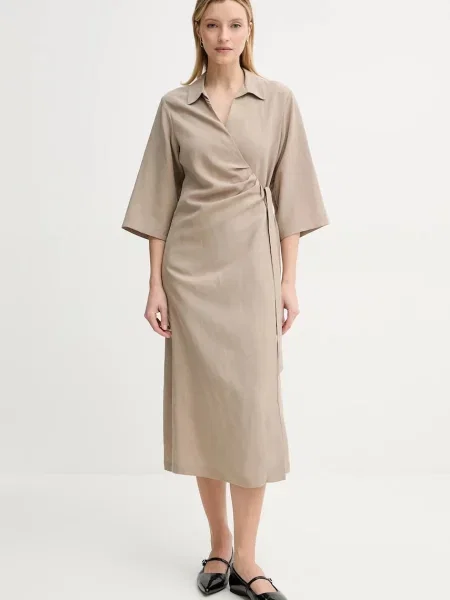 Samsoe Samsoe rochie din amestec de in SAHANI midi drept bej