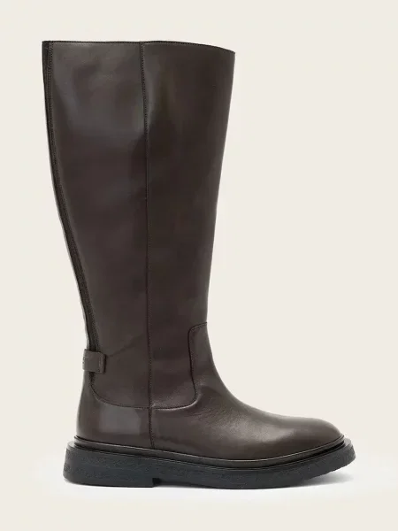 Кожени ботуши AllSaints Escher Rider Boot с равна подметка кафяво
