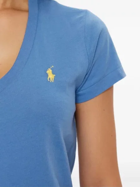 Cămașă Polo Ralph Lauren cu broderie tricotate cu decolteu în V albastru