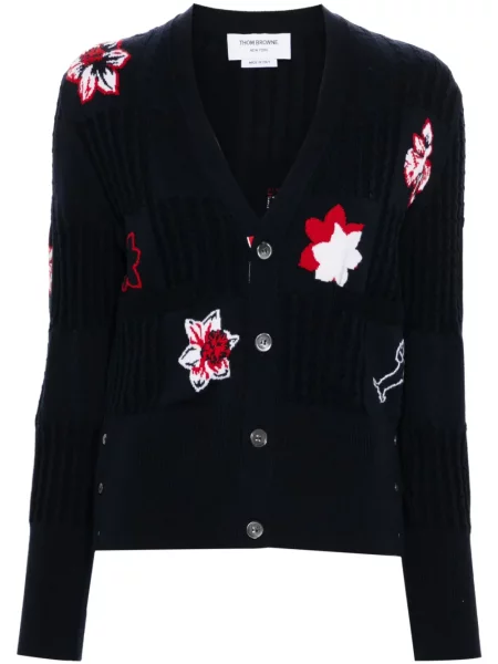 Cardigan Thom Browne cu model floral tricotate albastru