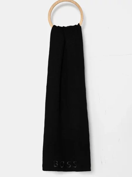 Вълнен шал BOSS с изчистен дизайн черно