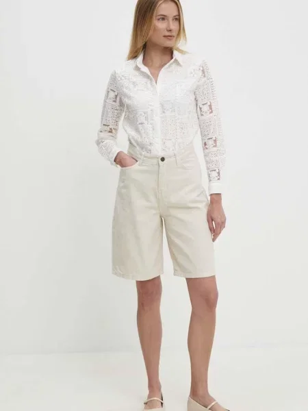 Answear Lab szorty jeansowe gładkie high waist beżowy
