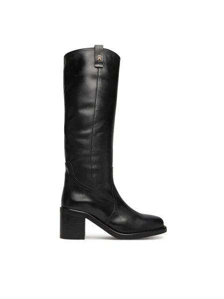 Tommy Hilfiger Ботуши Riding Lthr Long Boot Block Heel черен