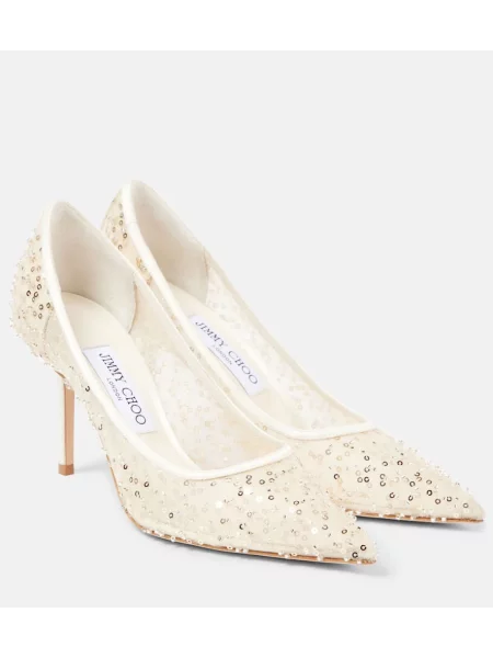 Мрежести полуотворени обувки Jimmy Choo мъниста бяло