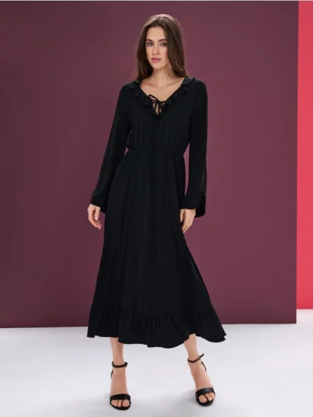 Міді сукня з воланами та зав'язуванням на декольте чорний