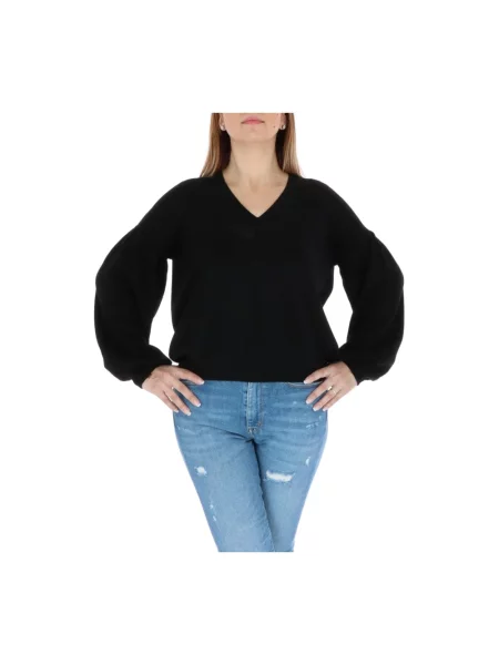 Sweter Pinko wełniany z dekoltem w serek z długim rękawem czarny