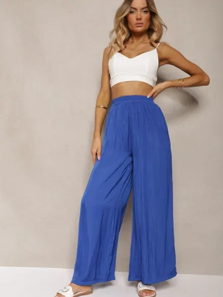 Pantaloni Bleumarin High Wiast cu Vâscoză și Picior Larg Osevia