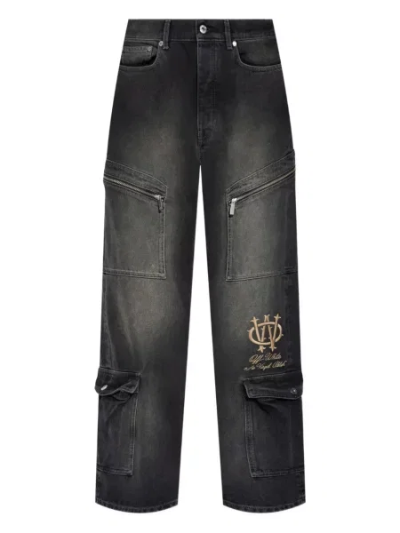 Blugi Off-white cu broderie alb