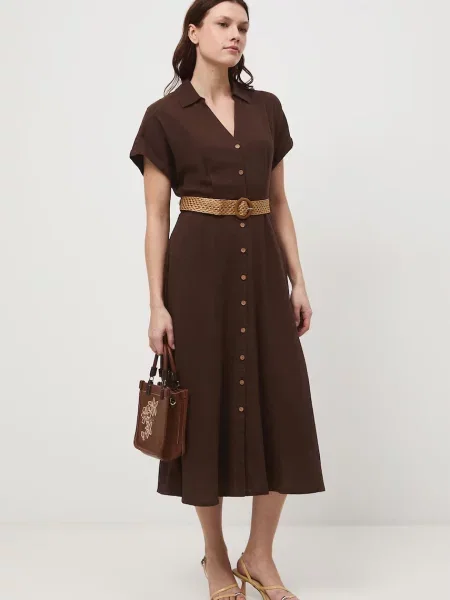 Medicine sukienka rozkloszowana z lnem brązowa