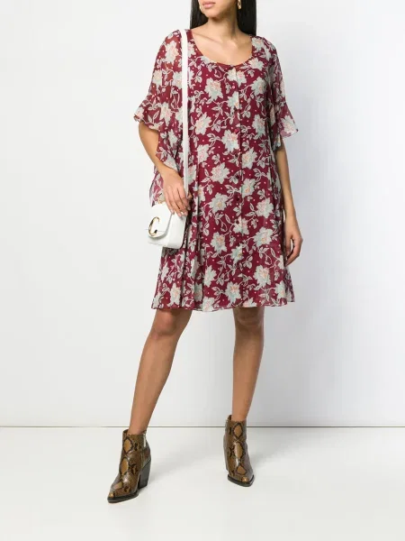 Rochie Chloé cu model floral cu volane roșu