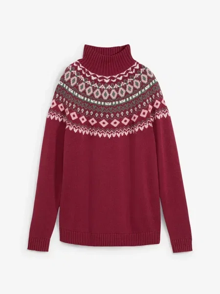 Sweter z golfem w norweski wzór z mieszanki bawełny czerwony