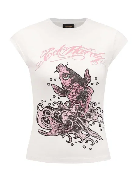 Ed Hardy Tricou Koi Fisch Steinen roz / negru alb