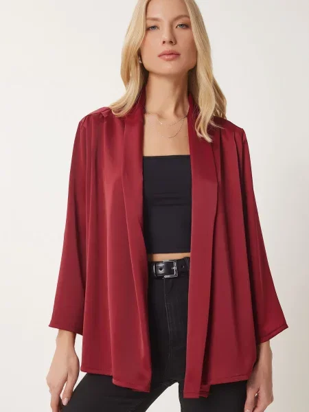 Happiness İstanbul Burgundy Shawl Collar Stylish Satin Finish Jacket roșu