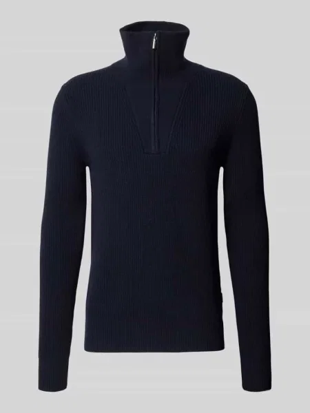 Sweter z dzianiny z mieszanki wełny z kołnierzem zapinanym Bugatti granatowy