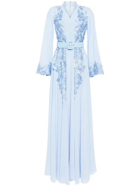 Rochie Saiid Kobeisy cu model floral cu mărgele de costum albastru