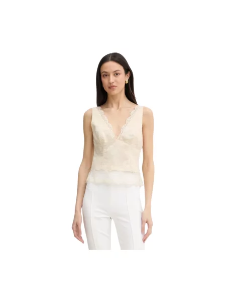 Lniany top Pinko bez rękawów w kwiatki beżowy