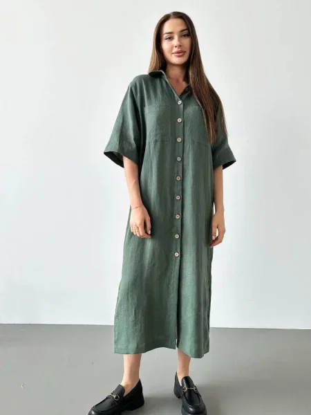 Льняное платье-рубашка зелена