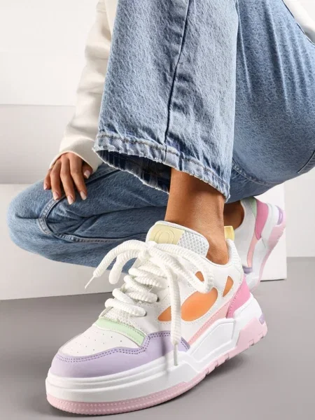 Sneakers Albi-Violet pe Platformă Joasă cu Șireturi Groase Vansyla alb