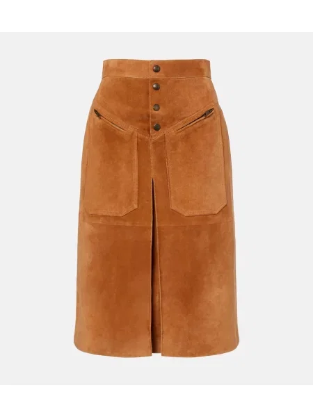 Fustă midi Chloé din piele de căprioară maro