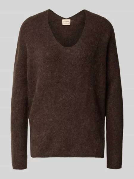 Dzianinowy sweter Mos Mosh z dekoltem w serek elegancki brązowy