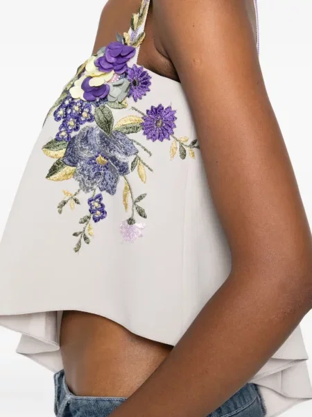 Top Gemy Maalouf cu broderie cu model floral cu un umăr gol gri