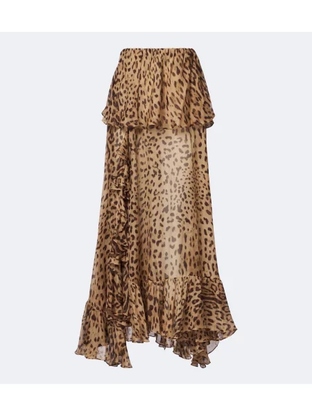 Fusta maxi Xu Zhi de mătase cu imagine cu model leopard maro