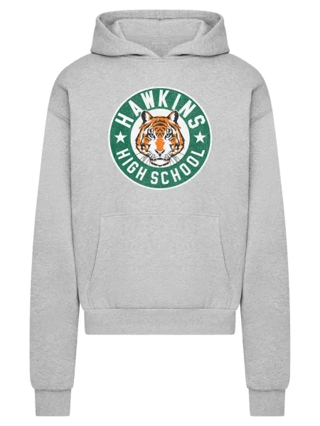Merchcode Mikina Stranger Things Hawkins Tigers šedá / zelená / oranžová bílá