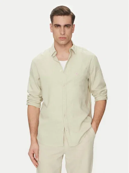 Ленена риза Guess със свободна кройка с класическа яка бежово