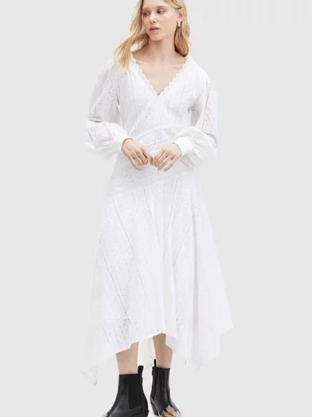 AllSaints rochie din AVIANA BRODERIE DRES maxi evazati alb
