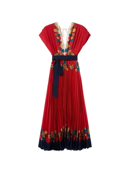Rochie La Doublej cu model floral cu imagine plisată roșu