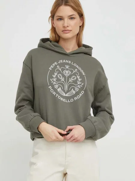 Суичър с качулка Pepe Jeans с качулка с апликация зелено