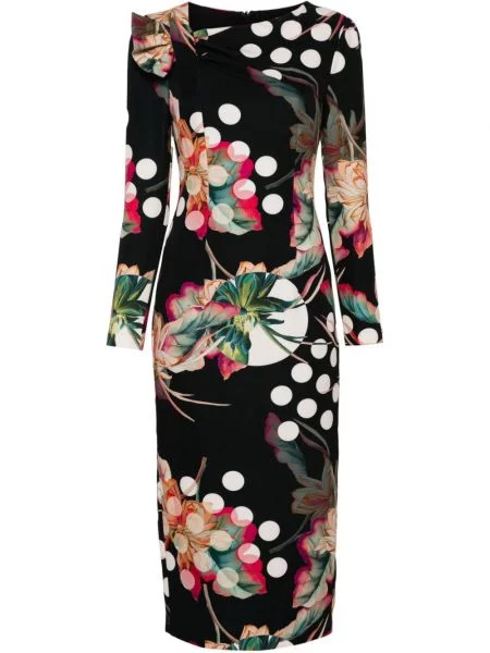 Rochie midi Nissa cu model floral cu imagine până la genunchi negru